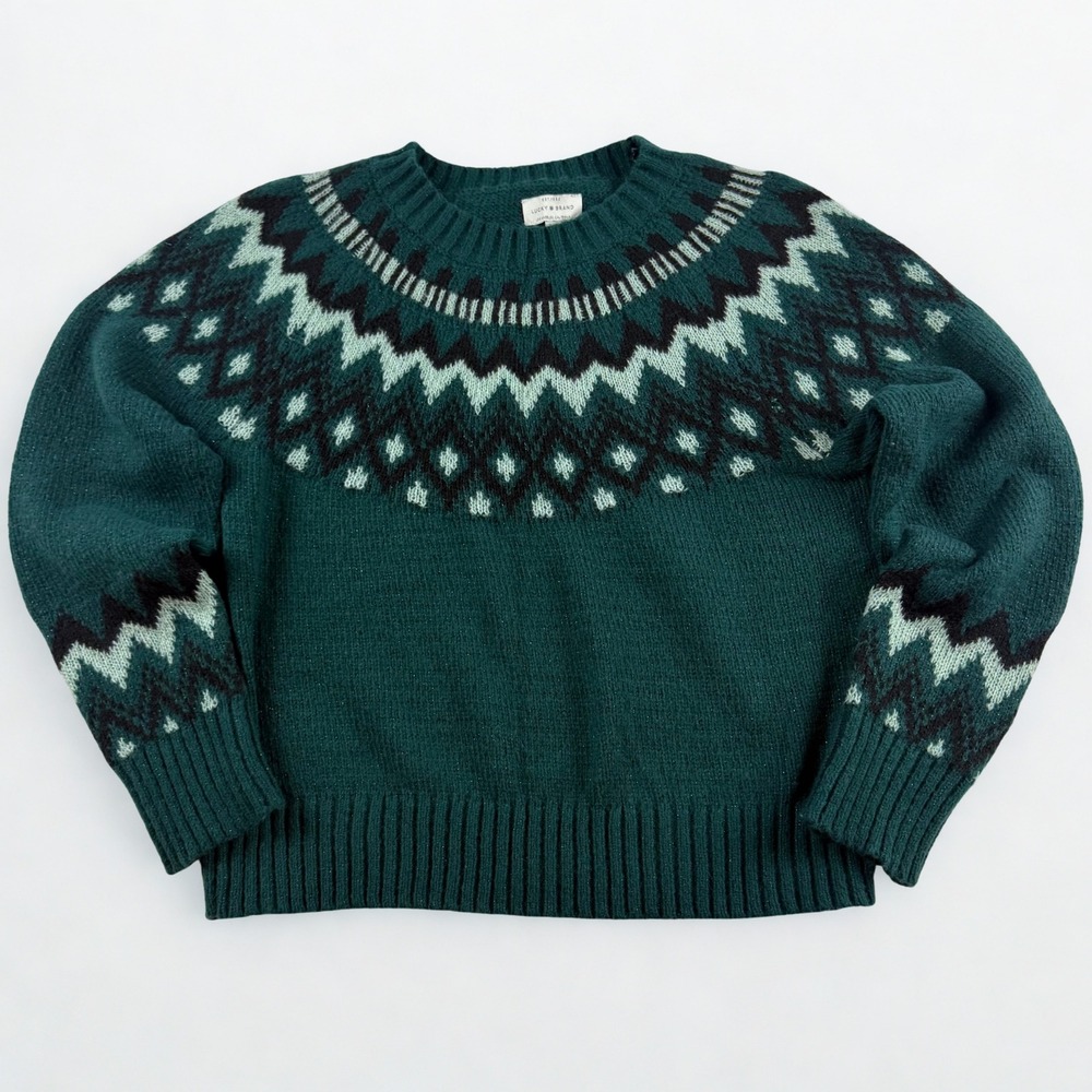 Lucky Brand Fair Isle Sweater Womens L Green Knit Nordic Yoke Holiday Pullover